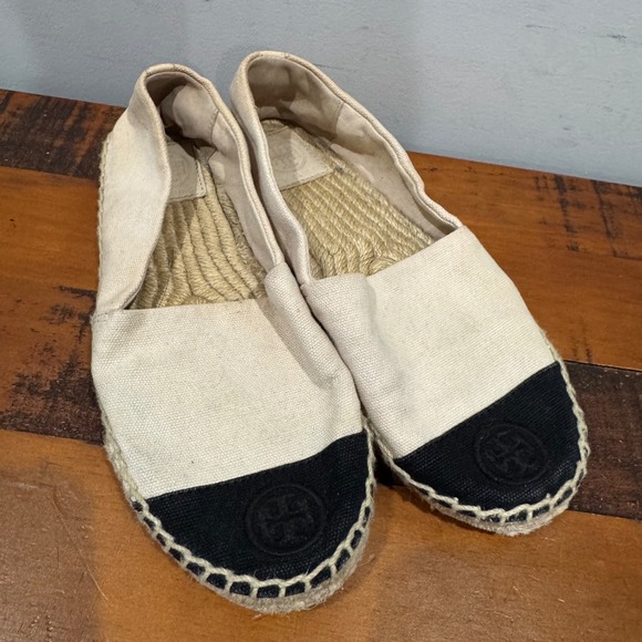 Tory Burch Shoes - Tory Burch Canvas Espadrille Flats Cream Color-Block Logo Cap Toe Women's 6.5